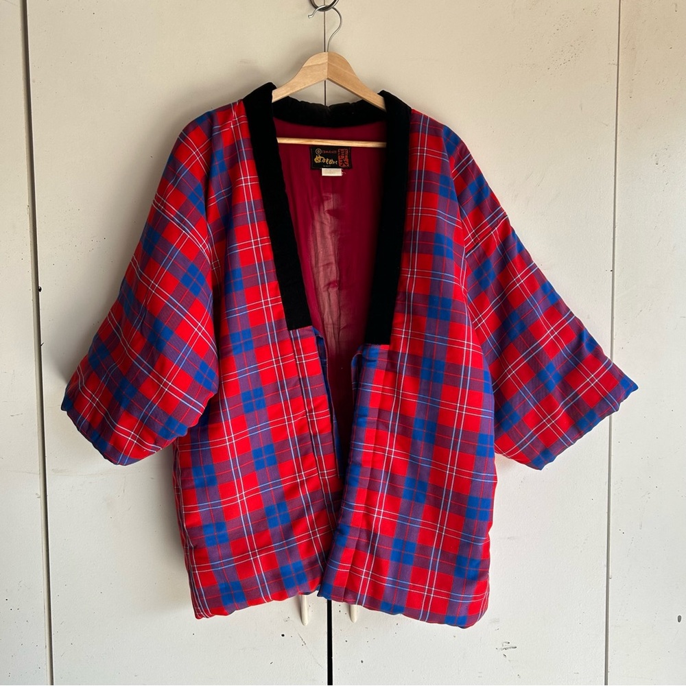 Vintage Japanese hanten padded kimono jacket cardigan red blue tartan plaid